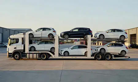 Car transporter parked in an industrial area of Loughborough, Leicestershire, United Kingdom