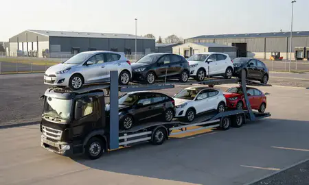 Car transporter loaded with vehicles in Loughborough, Leicestershire, United Kingdom