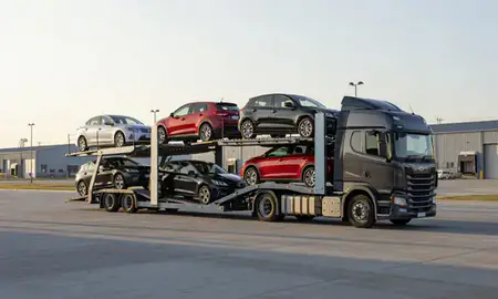 Car transporter loaded with vehicles in Lincolnshire, United Kingdom