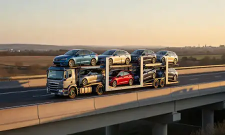 Car transporter with the Lincolnshire, United Kingdom skyline behind it