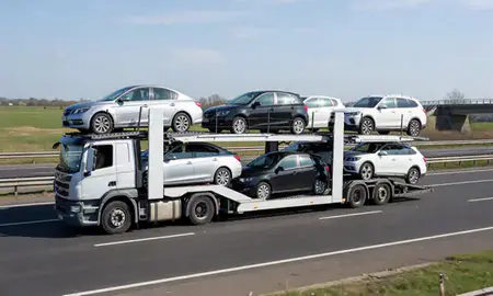 Multi-level car carrier on the motorway to Boston, Lincolnshire, United Kingdom