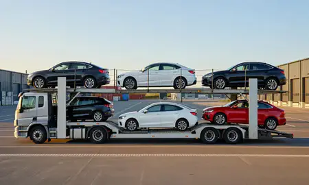 Car transporter parked in an industrial area of Boston, Lincolnshire, United Kingdom