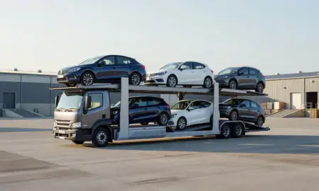 Car transporter loaded with vehicles in Boston, Lincolnshire, United Kingdom