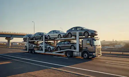 Car transporter with the Boston, Lincolnshire, United Kingdom skyline behind it