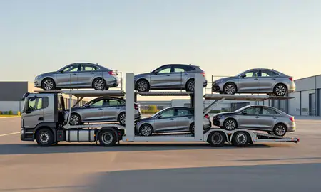 Car transporter parked in an industrial area of Cleethorpes, Lincolnshire, United Kingdom