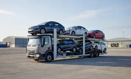 Car transporter loaded with vehicles in Cleethorpes, Lincolnshire, United Kingdom