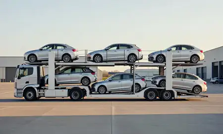 Car transporter parked in an industrial area of Grantham, Lincolnshire, United Kingdom