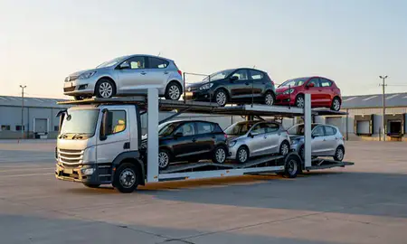 Car transporter loaded with vehicles in Grantham, Lincolnshire, United Kingdom