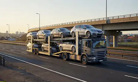 Car transporter with the Grantham, Lincolnshire, United Kingdom skyline behind it