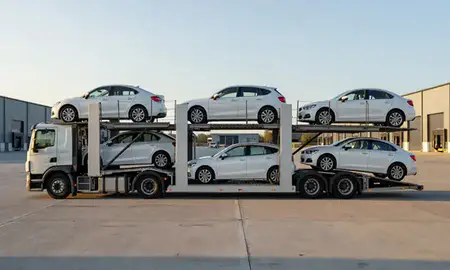 Car transporter parked in an industrial area of Grimsby, Lincolnshire, United Kingdom