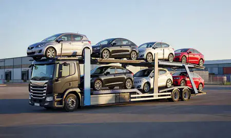 Car transporter loaded with vehicles in Grimsby, Lincolnshire, United Kingdom