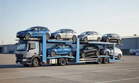 Car transporter loaded with vehicles in Lincoln, Lincolnshire, United Kingdom