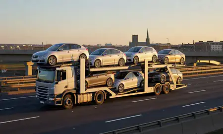 Car transporter with the Lincoln, Lincolnshire, United Kingdom skyline behind it