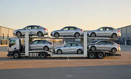 Car transporter parked in an industrial area of Scunthorpe, Lincolnshire, United Kingdom