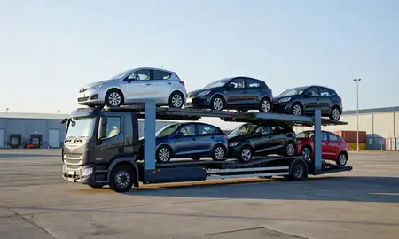 Car transporter loaded with vehicles in Scunthorpe, Lincolnshire, United Kingdom