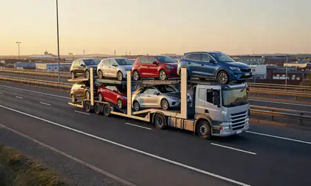Car transporter with the Scunthorpe, Lincolnshire, United Kingdom skyline behind it
