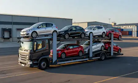 Car transporter loaded with vehicles in London, United Kingdom