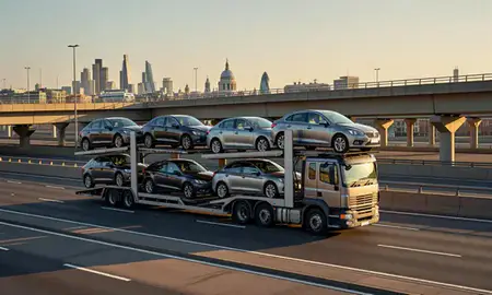 Car transporter with the London, United Kingdom skyline behind it
