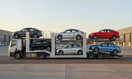 Car transporter parked in an industrial area of Merseyside, United Kingdom