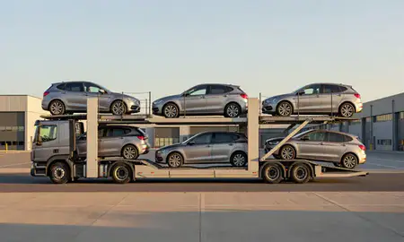 Car transporter parked in an industrial area of Bebington, Merseyside, United Kingdom