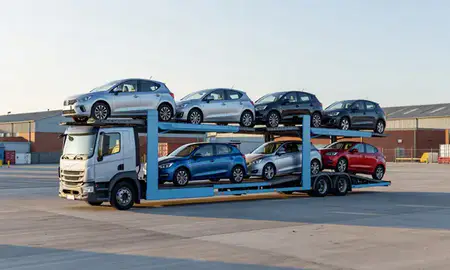 Car transporter loaded with vehicles in Bebington, Merseyside, United Kingdom