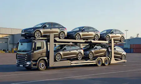Car transporter loaded with vehicles in Birkenhead, Merseyside, United Kingdom