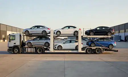 Car transporter parked in an industrial area of Bootle, Merseyside, United Kingdom