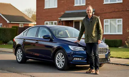 Customer with their delivered car in Crosby, Merseyside, United Kingdom