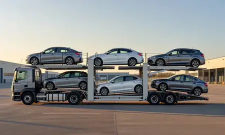 Car transporter parked in an industrial area of Crosby, Merseyside, United Kingdom