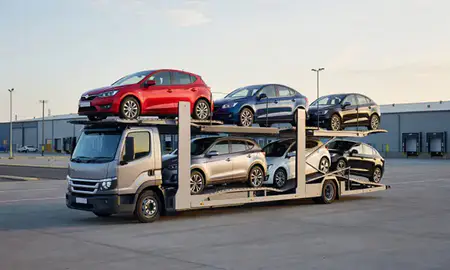 Car transporter loaded with vehicles in Crosby, Merseyside, United Kingdom