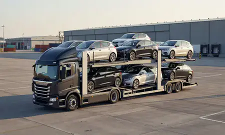 Car transporter loaded with vehicles in Kirkby, Merseyside, United Kingdom