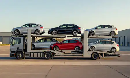 Car transporter parked in an industrial area of Liverpool, Merseyside, United Kingdom