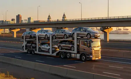 Car transporter with the Liverpool, Merseyside, United Kingdom skyline behind it