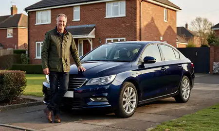 Customer with their delivered car in Prescot, Merseyside, United Kingdom