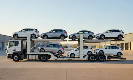 Car transporter parked in an industrial area of Prescot, Merseyside, United Kingdom