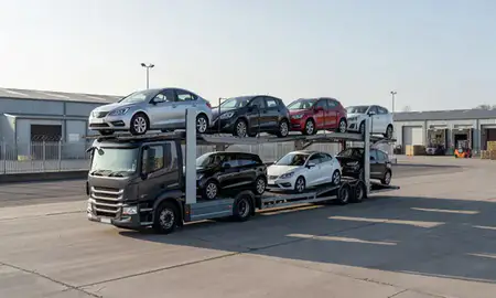 Car transporter loaded with vehicles in Prescot, Merseyside, United Kingdom