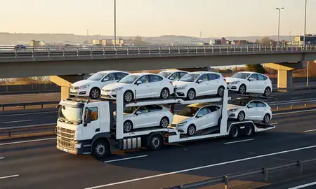 Car transporter with the Prescot, Merseyside, United Kingdom skyline behind it