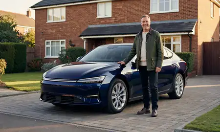 Customer with their delivered car in Southport, Merseyside, United Kingdom