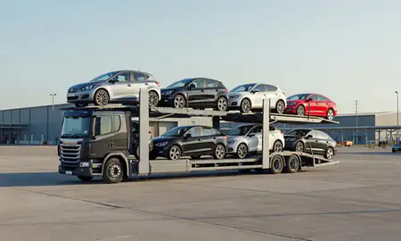 Car transporter loaded with vehicles in Southport, Merseyside, United Kingdom
