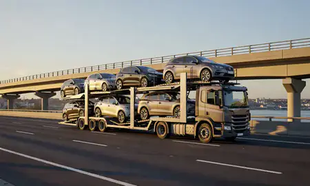Car transporter with the Southport, Merseyside, United Kingdom skyline behind it