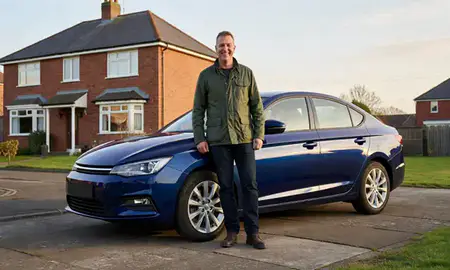 Customer with their delivered car in St Helens, Merseyside, United Kingdom