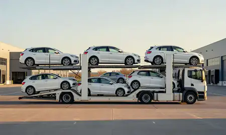 Car transporter parked in an industrial area of St Helens, Merseyside, United Kingdom