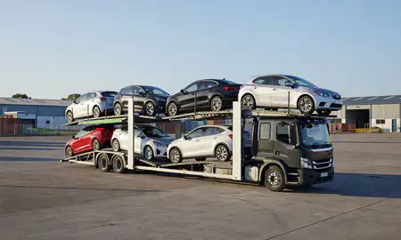 Car transporter loaded with vehicles in St Helens, Merseyside, United Kingdom