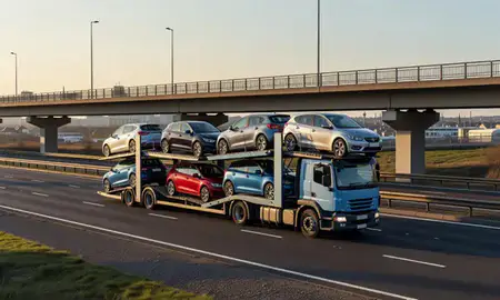 Car transporter with the St Helens, Merseyside, United Kingdom skyline behind it
