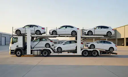 Car transporter parked in an industrial area of Wallasey, Merseyside, United Kingdom