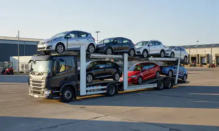 Car transporter loaded with vehicles in Wallasey, Merseyside, United Kingdom