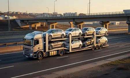 Car transporter with the Wallasey, Merseyside, United Kingdom skyline behind it