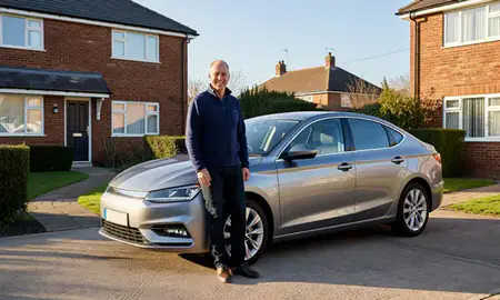 Customer with their delivered car in Widnes, Merseyside, United Kingdom