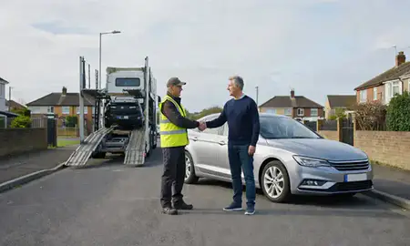 Vehicle owner beside their delivered car in Widnes, Merseyside, United Kingdom