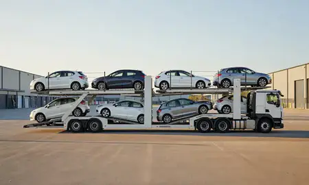 Car transporter parked in an industrial area of Widnes, Merseyside, United Kingdom